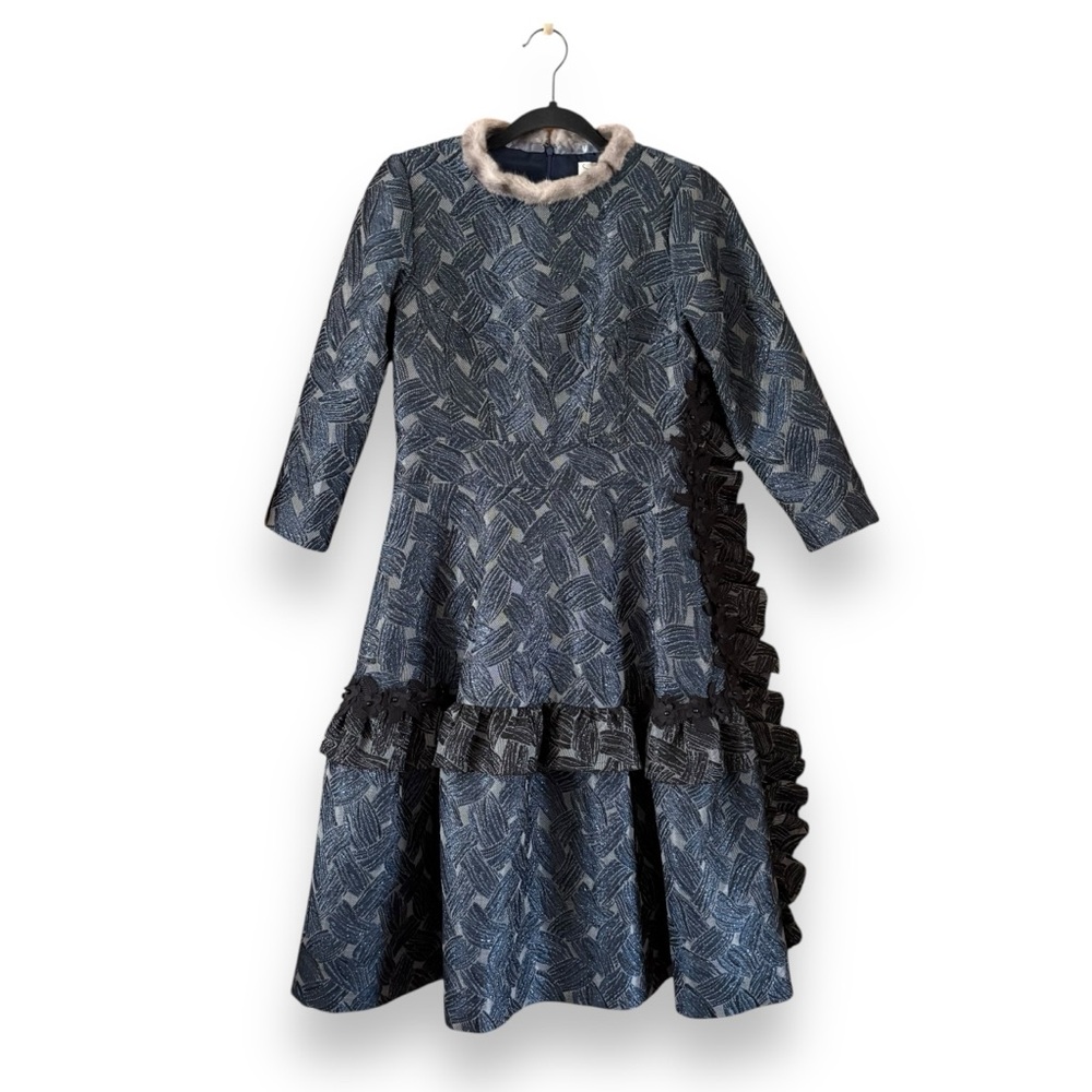 Miri New York Couture Blue Jacquard Long Sleeve Tiered Midi Dress Size 2 Formal